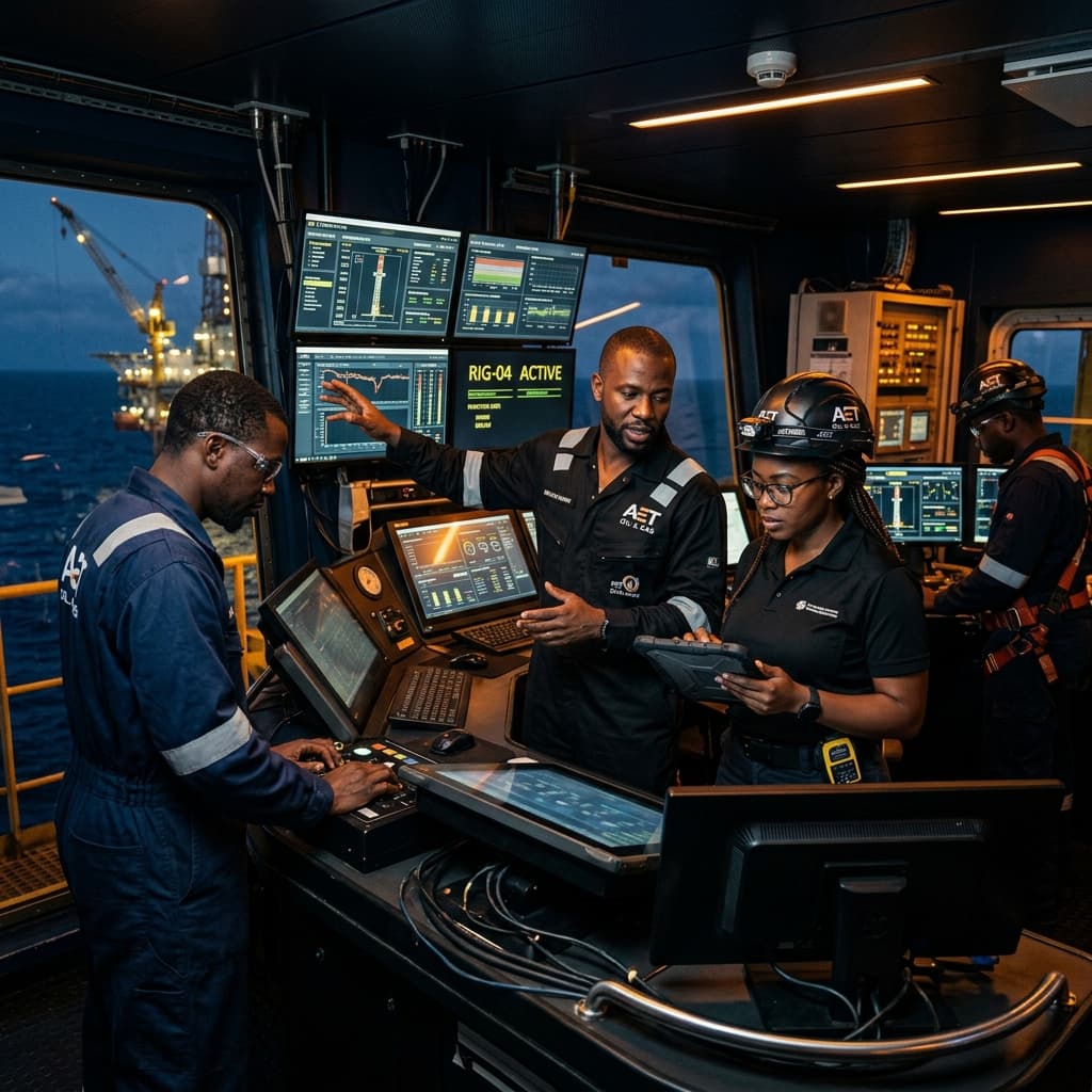 JGTS offshore oil platform — engineering operations at dusk